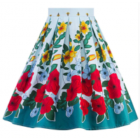 Retro Cotton Floral Print Pleated Skirt High Waist (2) TL